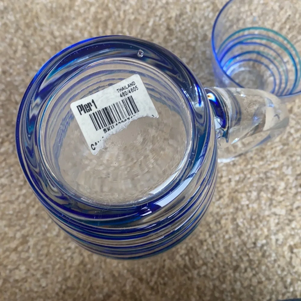 Pier 1 Glass two-tone blue glass pitcher with 3 matching glasses